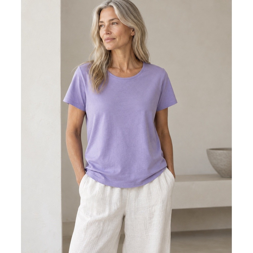 Eileen Fisher Women's M Purple Lavender 100% Cotton Crew Neck Short Sleeve Tee
